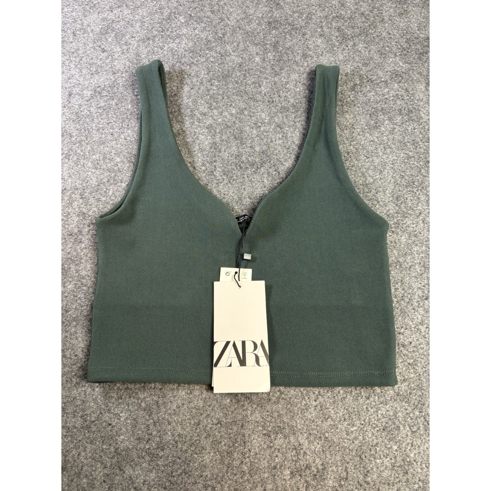 Zara Ribbed Crop Tank Top Green Sleeveless Women's Medium NWT. A11
